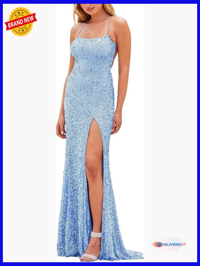 Sequin Mermaid Prom Dress Floor Length Formal Evening Gown With Slit